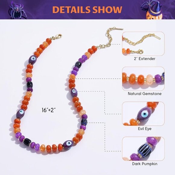 Halloween Beaded Necklace Copper Evil Eye Pumpkin Gift for Women Costume - Picture 4 of 7